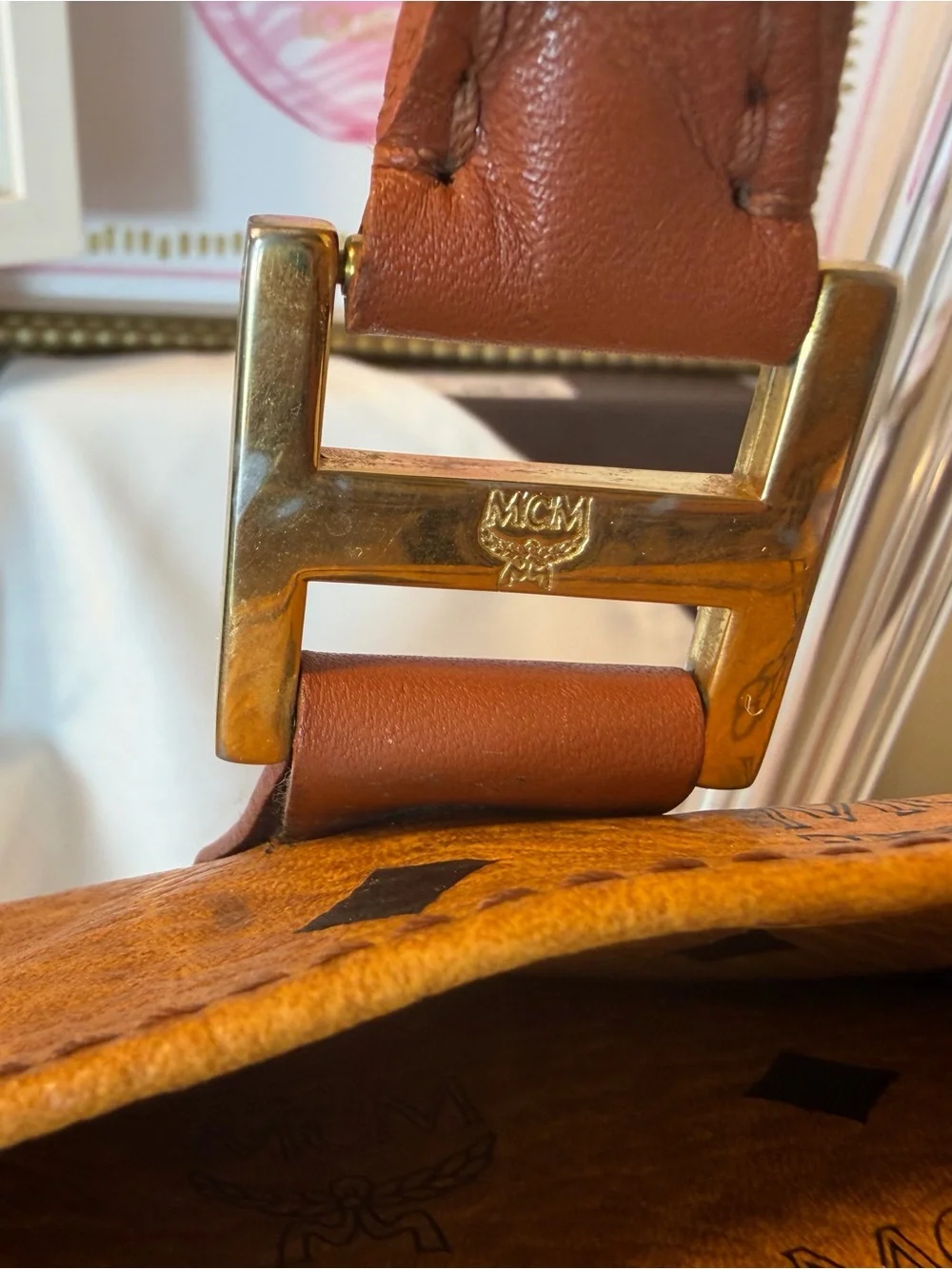 MCM Cognac Visetos Satchel with Tan Trim and Gold Hardware